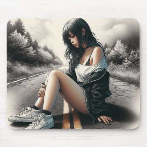 Girl on a lonely Road mouse Pad