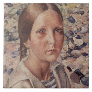 Girl on a Pebble Beach Ceramic Tile