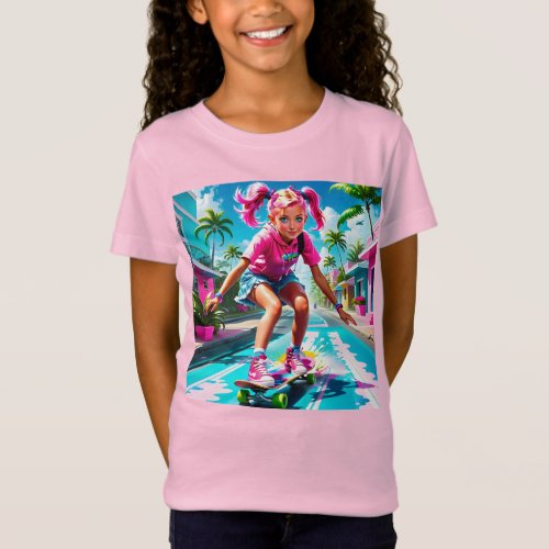 Girl on a Skateboard by the Beach T_Shirt