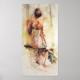 Girl on a Swing Watercolor Decoupage Print