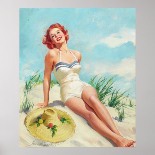 Girl on Beach Pin Up Art Poster