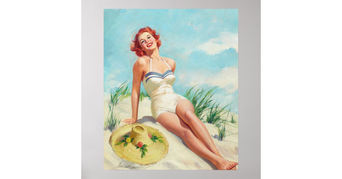 Girl on Beach Pin Up Art Poster