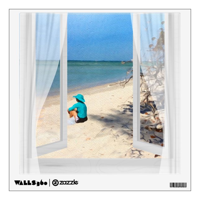 GIRL ON BEACH THROUGH YOUR WINDOW FRAME WALL DECAL (Front)