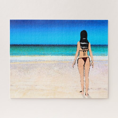 Girl on Beach Wearing a Bikini Painting Jigsaw Puzzle