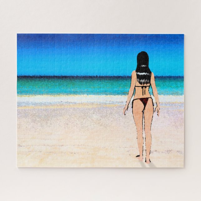 Girl on Beach Wearing a Bikini Painting Jigsaw Puzzle (Horizontal)