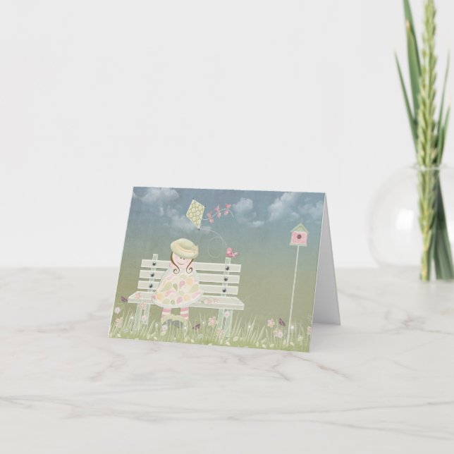 Girl on Bench Bird and Kite Card (Front)