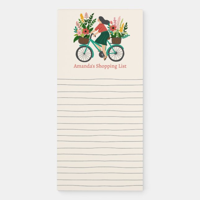 Girl on Bicycle Custom Grocery Shopping List Magnetic Notepad (Front)