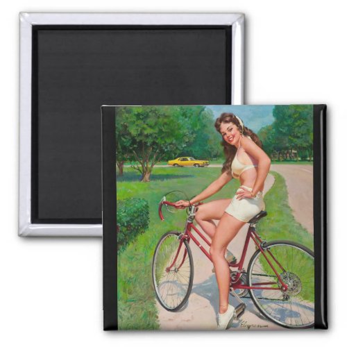 Girl on Bicycle Pin Up Art Magnet