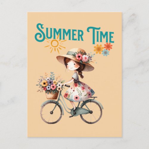 Girl on Bicycle with Flowers Summer Postcard