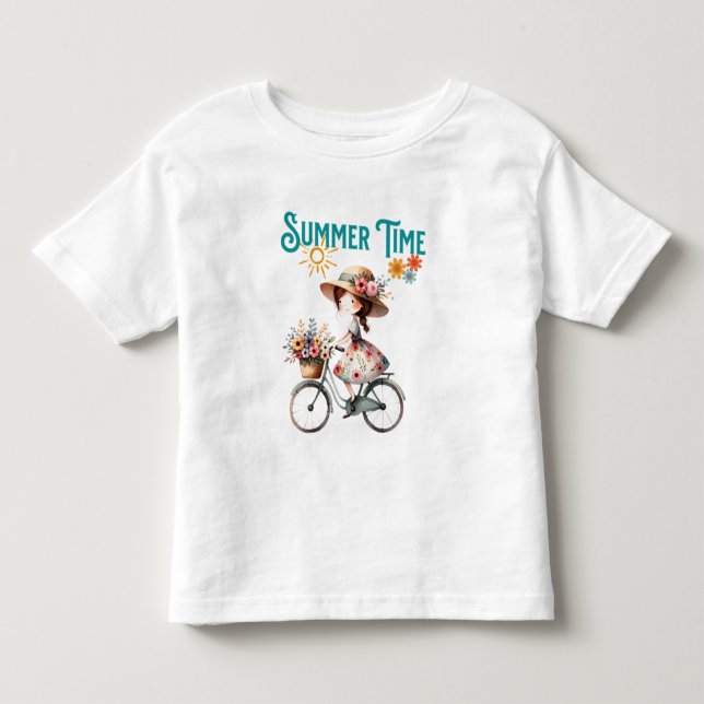 Girl on Bicycle with Flowers Summer Toddler T-shirt (Front)
