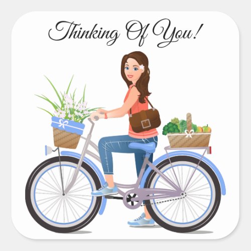 Girl On Blue Bicycle Basket Of Flowers  Vegetable Square Sticker