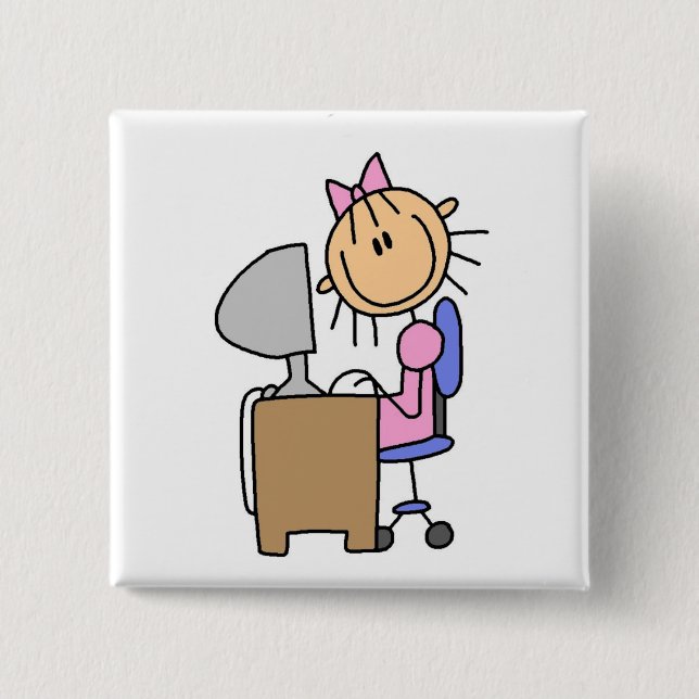 Girl on Computer Pinback Button (Front)