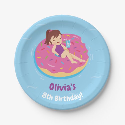 Girl on Donut Float Birthday Party Paper Plates