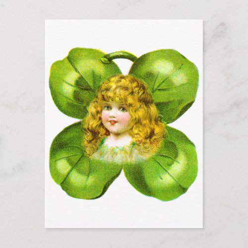 Girl on Giant Shamrock Vintage St Patricks Day Postcard