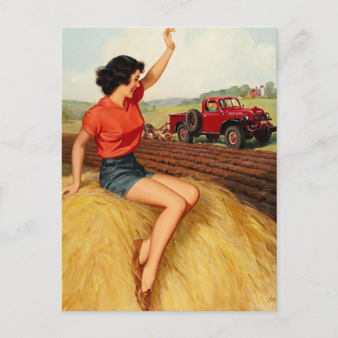 Girl On Haystack Pin Up Art Postcard Zazzle 