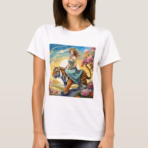 Girl on Lion in the Blooming Garden T_Shirt