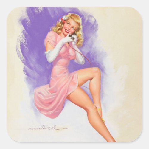Girl on Phone Pin Up Art Square Sticker