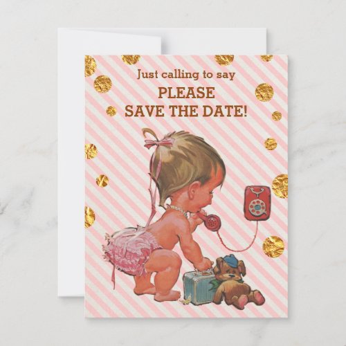 Girl On Phone Stripes Gold Dots Save The Date