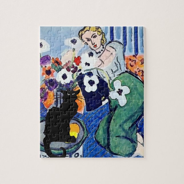 Girl on Phone with Flowers & Cat Jigsaw Puzzle (Vertical)