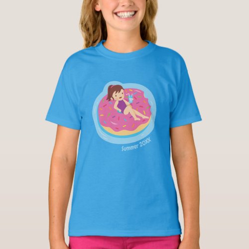 Girl on Pink Donut Pool Float Girls Tee