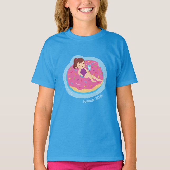 Girl on Pink Donut Pool Float Girls Tee (Front)