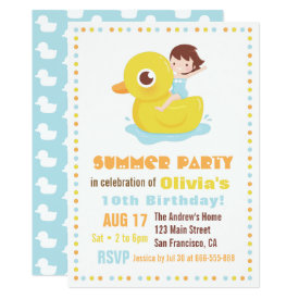 Girl on Rubber Duck Pool Float Kids Birthday Party Card