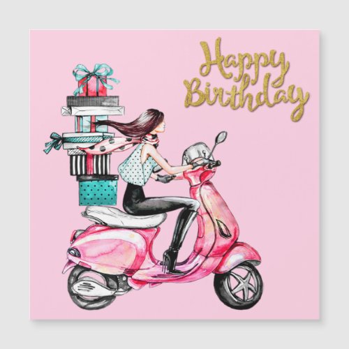 Girl on Scooter carrying Presents 