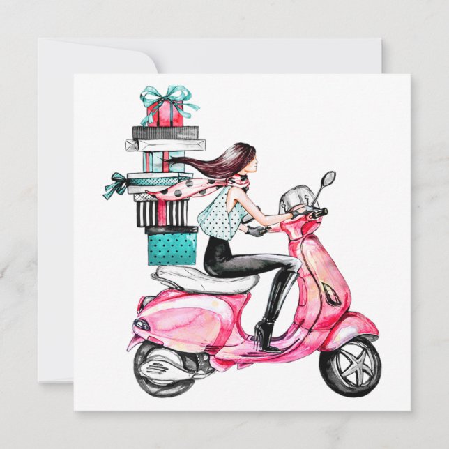 Girl on Scooter carrying Presents Card (Front)