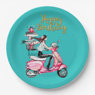Girl on Scooter carrying Presents   Paper Plates