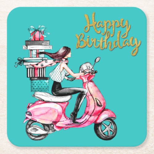Girl on Scooter carrying Presents    Square Paper Coaster