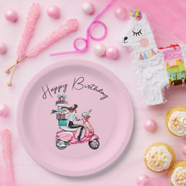 Girl on Scooter Happy birthday Paper Plates (Party)