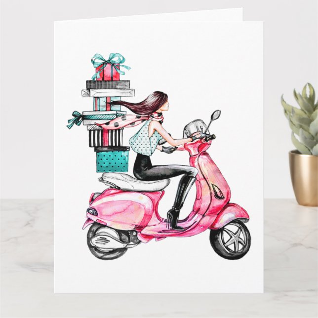Girl on Scooter with Christmas Presents    Card (Small Plant)