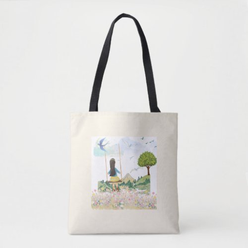 Girl on Swing Aesthetic All-Over Print Tote Bag -