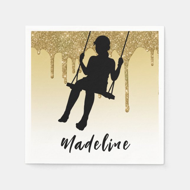 Girl on Swing Gold Glitter Drip Ombre  Napkins (Front)