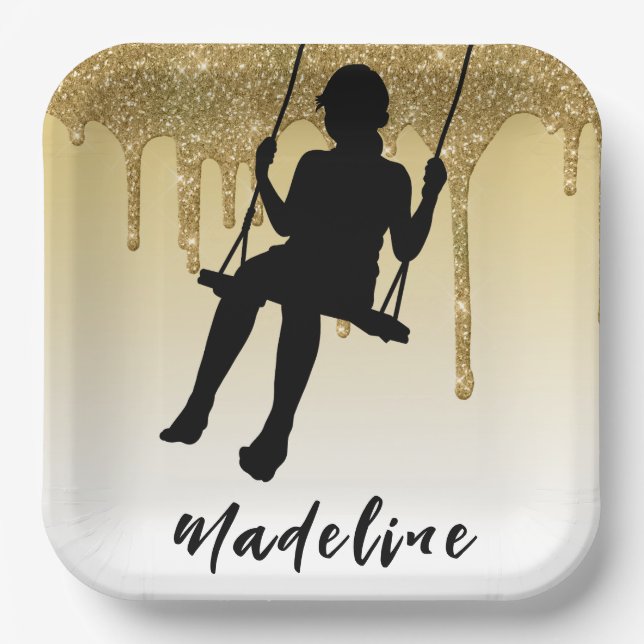Girl on Swing Gold Glitter Drip Ombre  Paper Plates (Front)