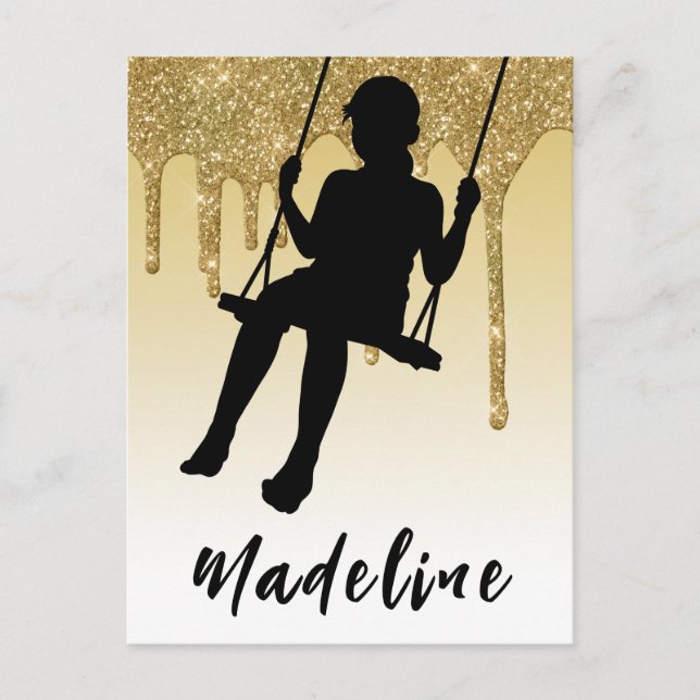 Girl on Swing Gold Glitter Drip Ombre    Postcard (Front)