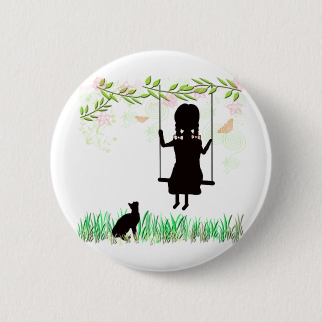Girl on Swing with Cat Pinback Button (Front)
