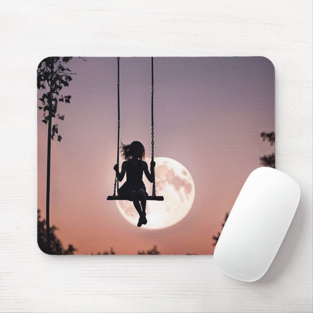 Girl On Swing With Moon Mouse Pad (With Mouse)