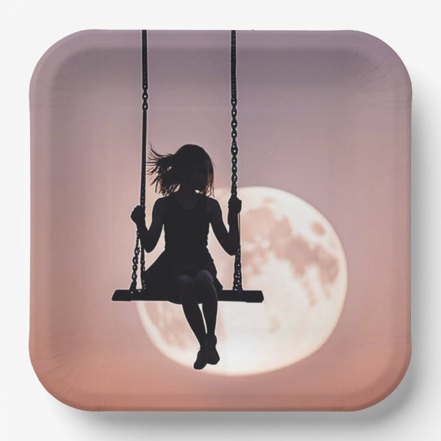 Girl On Swing With Moon Paper Plates (Front)