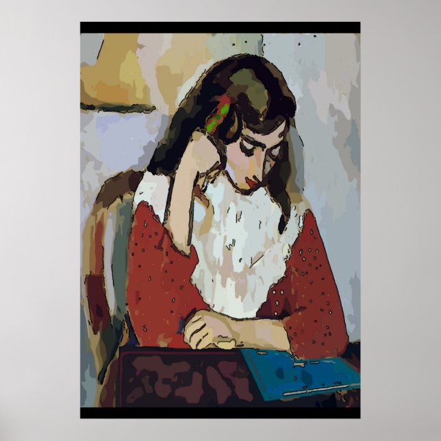Girl on Tablet Abstract Matisse Style Poster (Front)