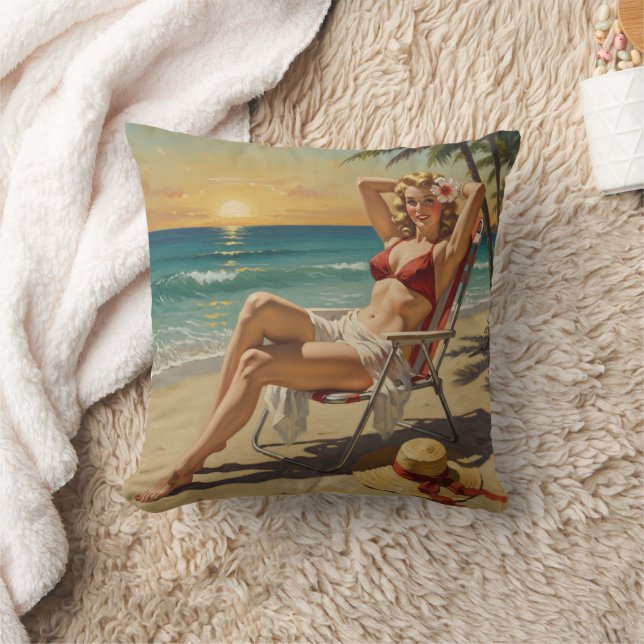 Girl On the Beach Retro '50s Pin-up art Throw Pillow (Blanket)