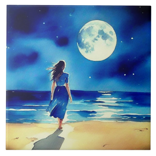 Girl on the Beach Under a Full Moon Ceramic Tile (Front)