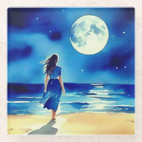 Girl on the Beach Under a Full Moon Glass Coaster