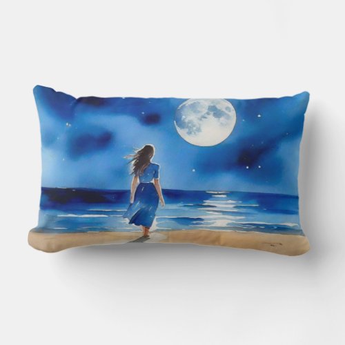 Girl on the Beach Under a Full Moon Lumbar Pillow