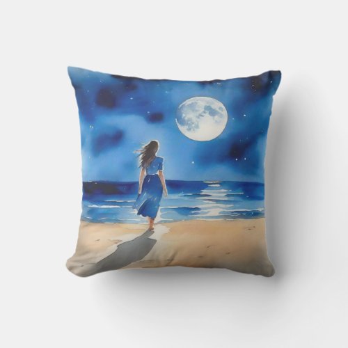 Girl on the Beach Under a Full Moon Outdoor Pillow