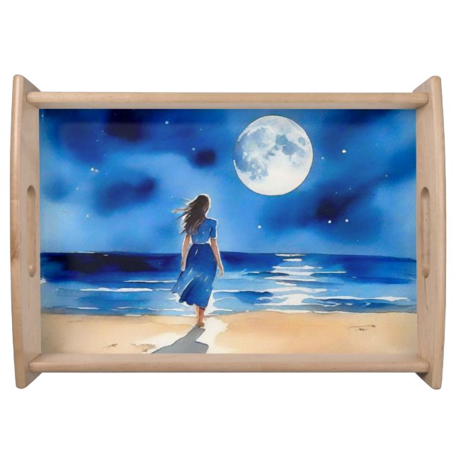 Girl on the Beach Under a Full Moon Serving Tray (Front)