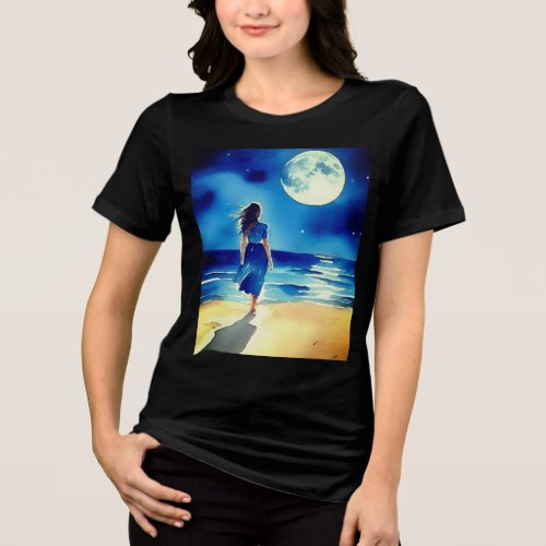 Girl on the Beach Under a Full Moon Tri_Blend Shirt