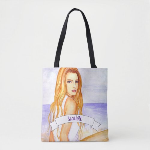 Girl on The Beach Watercolor Painting Tote Bag