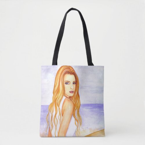 Girl on the beach watercolor painting tote bag