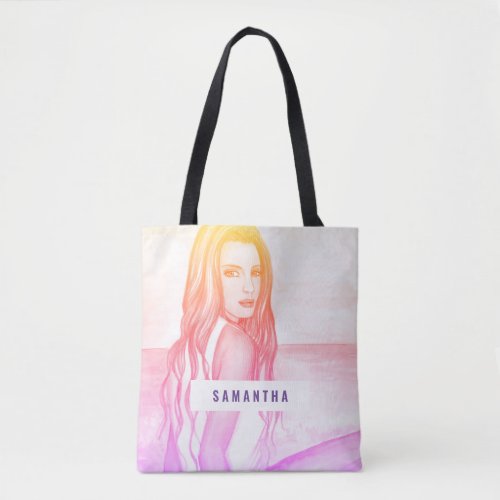 Girl on The Beach Watercolor Painting Tote Bag